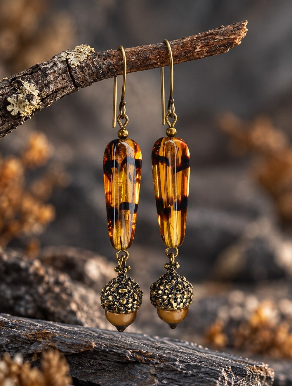 Tortoiseshell Czech Glass Acorn Earrings Antique Brass Hand Crafted